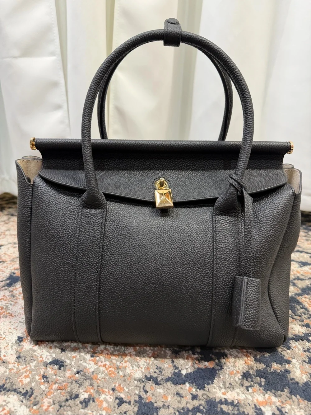 Black Genuine Pebbled Leather Flap Double Handle Satchel With Gold Lock Charm